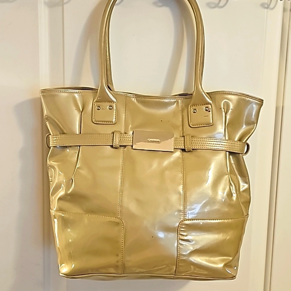 Calvin Klein Designer Large Tote, Taupe, Patent Leather, Magnetic Closure